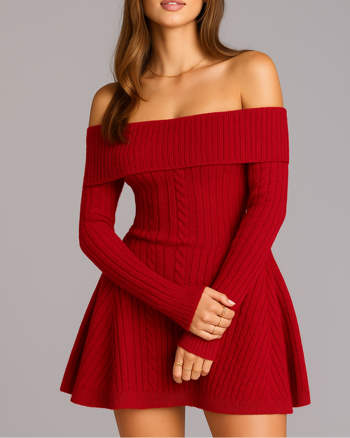 Red Ribbed Knit Skater Dress