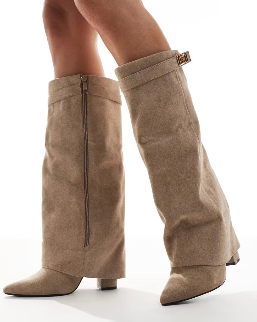 Fold Over Ranger Boots in Taupe – Wide Fit